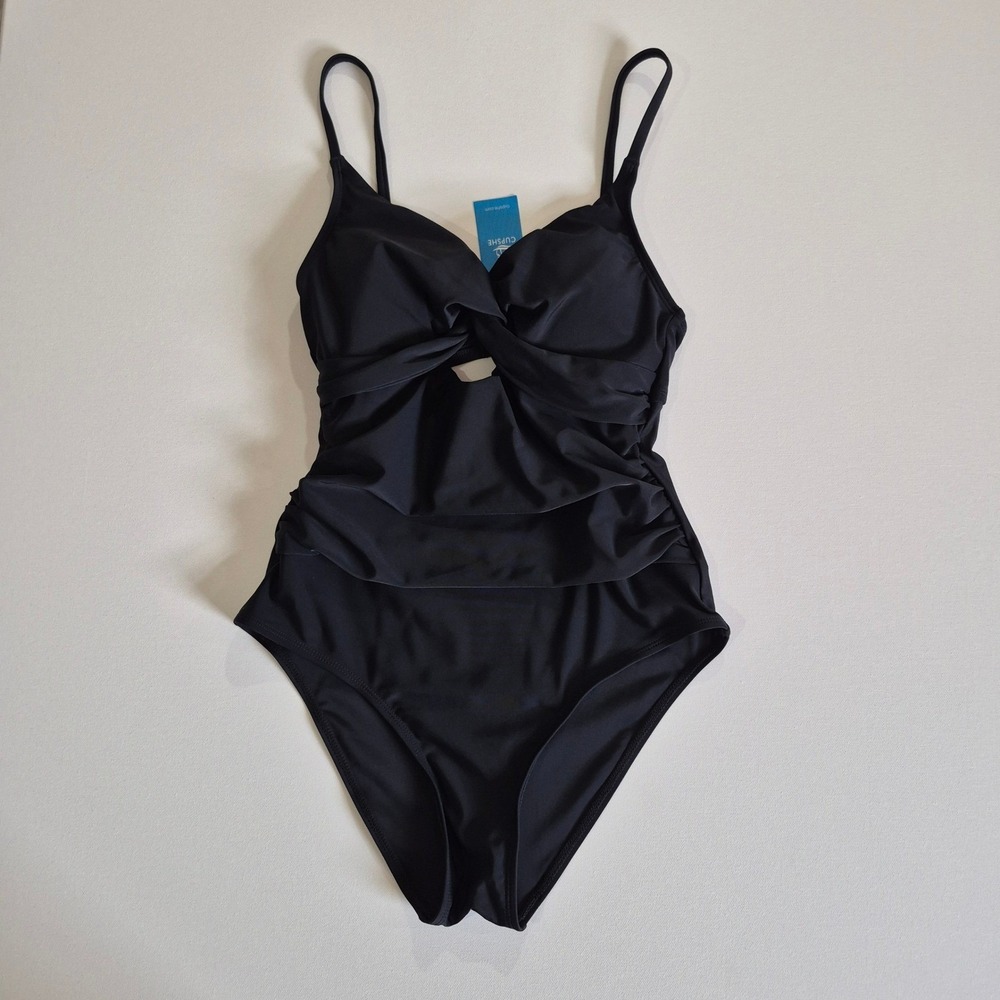 Cupshe‎ Womens Black Ruched Twist Front One Piece Swimsuit Size S